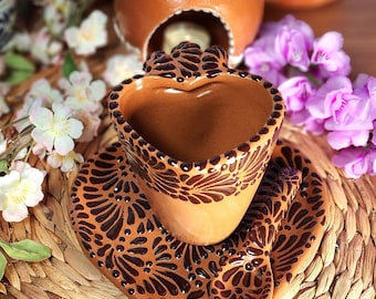 Original Mexican Talavera heart mug brown set 3 pieces handmade talavera set taza corazón Father's Day gift regalo coquette coffee set