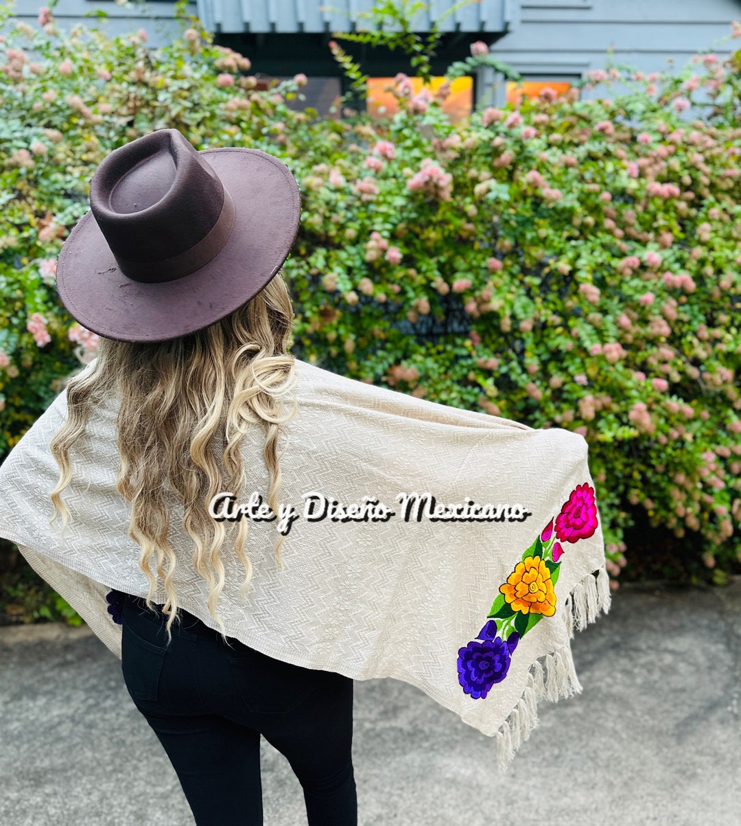 Mexican Woven Rebozo Scarf Traditional Embroidery Flower Rebozo Bordado