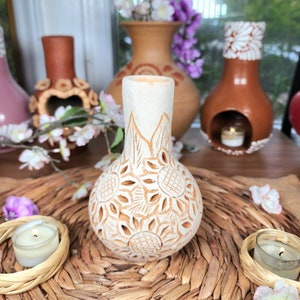 White Clay Vase Decor Mexican flowers pottery Barro calado home mother&#39;s Day gift for her jarrón florero handsculpted limited edition 6.5in