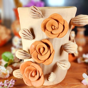 Hand sculpted large vase clay decor Mexican flowers embroidery pottery carved Mexico Barro bordado handmade home gift jarrón florero México