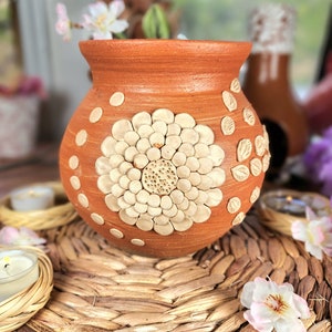 Embroidery Clay Vase Decor Mexican flowers embroidery pottery Barro bordado home gift jarrón florero México 7in tall 19in circumference