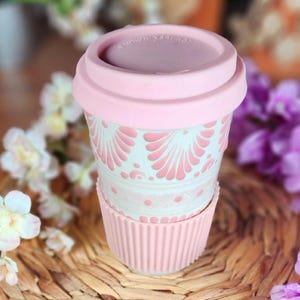 Original Mexican pink Talavera 3 pieces tumbler cup w lid coffee hot chocolate 450ml handmade travel mug talavera gift for her coquette