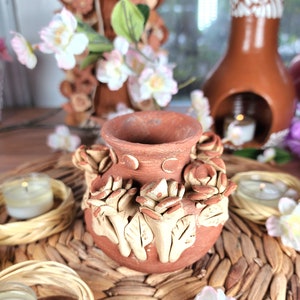 Rustic Hand sculpted vase clay decor Mexican flowers embroidery pottery carved Mexico Barro bordado handmade home gift jarrón florero México