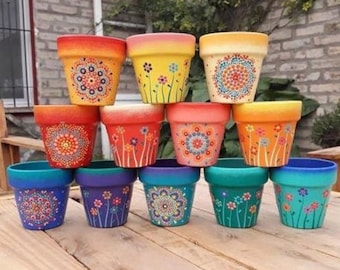 Beautiful hand painted colorful Mandala Flowers or leaves succulent clay pot planters for indoors and outdoors drainageMaceta Pintada a mano