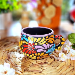 Original Mexican Talavera Black coffee mug handmade handpainted talavera taza chocolatera unique pieces gift for her Barro vase chocolate