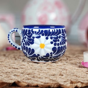 Talavera Daisy mug blue margarita coffee mug 8oz taza chocolatera kitchen Mexican decor Birthday gift for her Barro vase coquette home