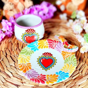Mexican Talavera heart coffee mug spoon and cookie plate set handmade Handpainted talavera set taza corazon gift for her taza cholatera