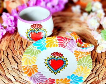 Mexican Talavera heart coffee mug spoon and cookie plate set handmade Handpainted talavera set taza corazon gift for her taza cholatera