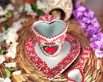 Talavera HEART SPOON set autumn fall limited edition heart mug coffee hot chocolate handmade Handpainted taza corazon gift coquette vase