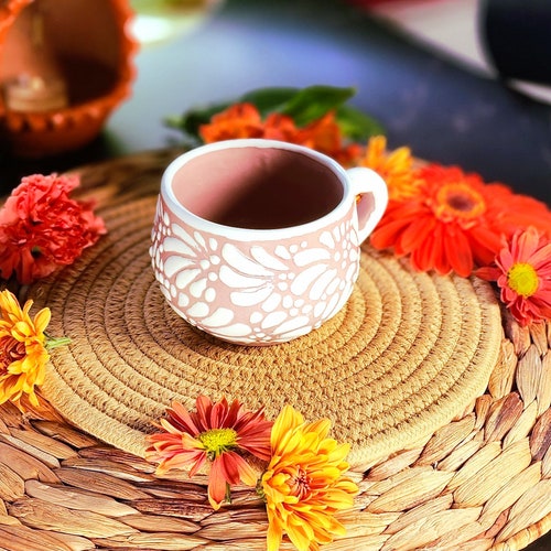 Mug à café rose Talavera mexicain original fait main, pièces uniques talavera taza chocolatera peintes à la main Cadeau de la Saint-Valentin pour elle Vase Barro 8