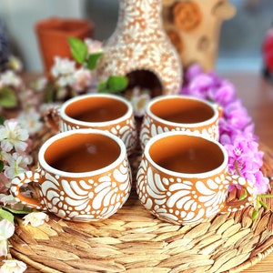 Mexican Talavera 4 pieces set brown chocolatera mug handmade Handpainted coffe hot chocolate barro taza café  gift for her 8oz coquette