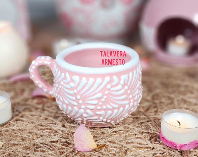 Original Mexican Talavera Pink white coffee mug 8ozhandmade handpainted talavera taza chocolatera gift for her Barro vase chocolate coquette