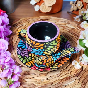 Original Mexican Talavera Black Rainbow set coffee mug spoon and plate set handmade Handpainted talavera set taza chocolatera gift vase