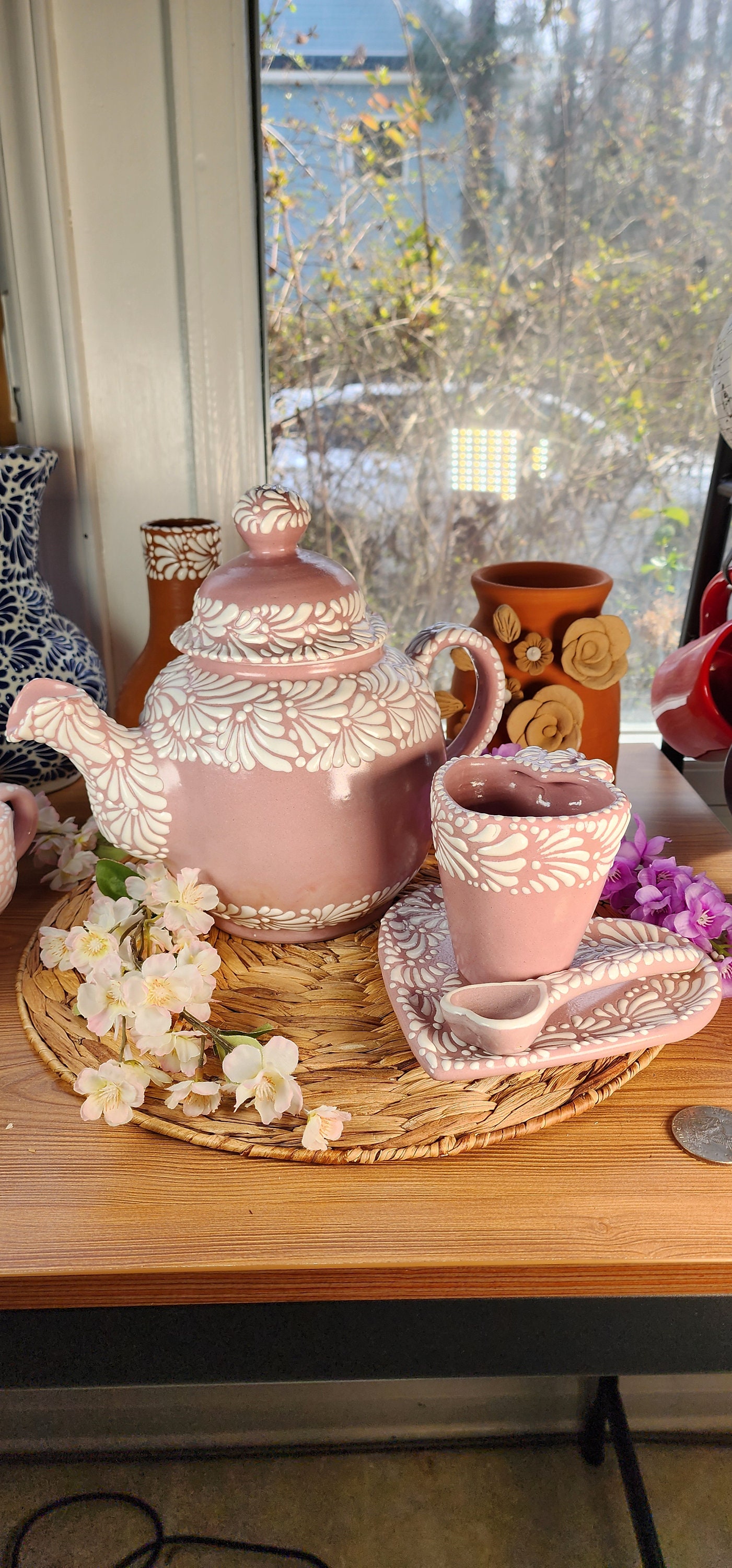 Original Mexican Talavera Heart Mug Pink Crepe or Teapot Jarrito