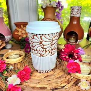 Taza de viaje original de Talavera mexicana, taza de viaje, café, chocolate, 450 ml, termo barro pintado a mano, regalo para el día del padre para ella o él, coqueta