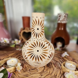 White Clay Vase Decor Mexican flowers pottery Barro calado home mother&#39;s Day gift for her jarrón florero handsculpted limited edition 8in