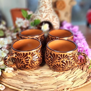 Mexican Talavera 4 pieces set brown chocolatera mug handmade Handpainted coffe hot chocolate barro taza café  gift for her 8oz coquette