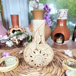 White Clay Vase Decor Mexican flowers pottery Barro calado home mother&#39;s Day gift for her jarrón florero handsculpted limited edition 6.5in