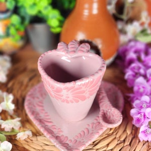 Original Mexican Talavera heart mug pink crepe set 3 pieces handmade made to order talavera set taza corazón gift for her coquette home deco