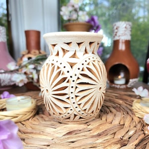 White Clay Vase Decor Mexican flowers pottery Barro calado home mother&#39;s Day gift for her jarrón florero handsculpted limited edition 5in