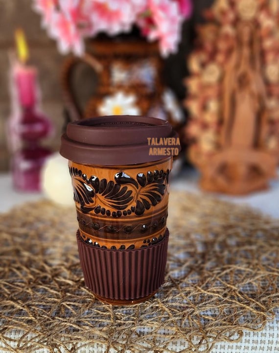 Original Mexican Brown colorful Talavera 3 pieces tumbler cup w lid coffee chocolate 450ml handmade travel mug talavera termo unique pieces