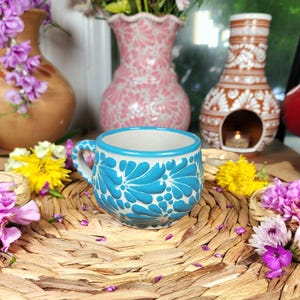 Original Mexican Talavera blue coffee mug 8oz handmade handpainted  taza chocolatera mother's Day gift for her Barro vase fall coquette home