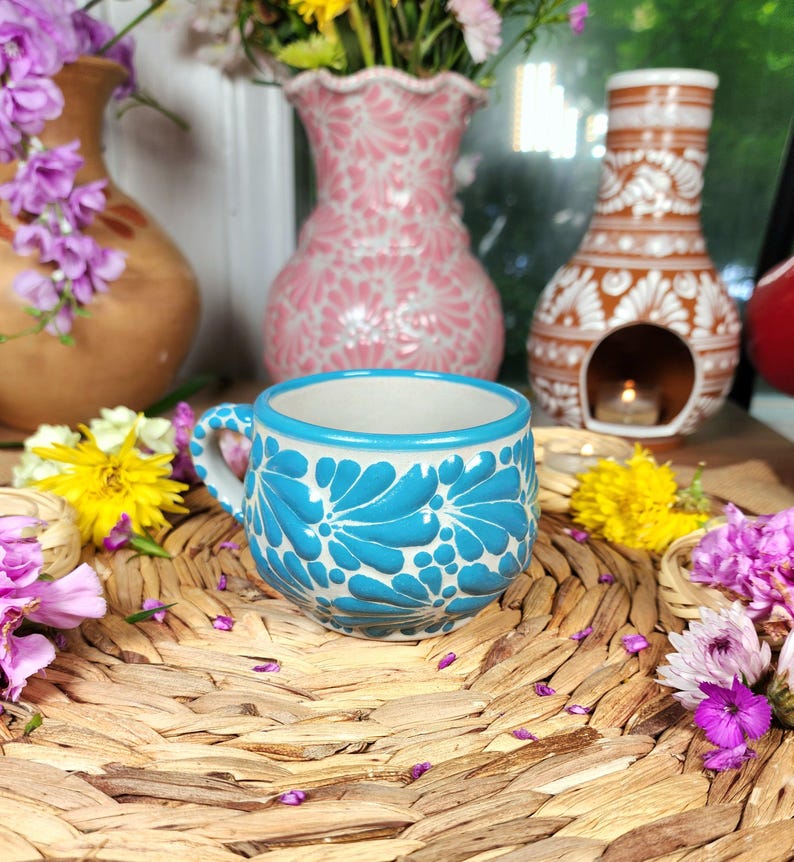 Original Mexican Talavera blue coffee mug 8oz handmade handpainted taza chocolatera mother's Day gift for her Barro vase fall coquette home