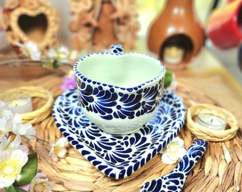 Original Mexican Talavera heart mug blue set 3 pieces handmade talavera set taza corazón Father's Day gift for her coquette home decor