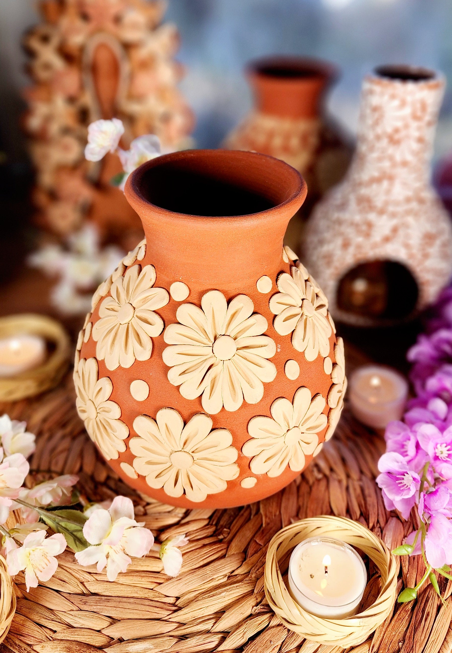 Embroidery Clay Vase Decor Mexican Flowers Embroidery Pottery