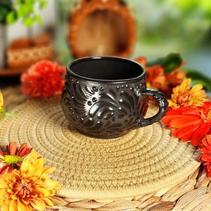 Original Mexican Talavera Black coffee mug handmade handpainted talavera taza chocolatera  gift for her Barro vase chocolate 8oz