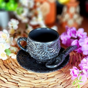 Original Mexican Talavera Black set coffee mug spoon and plate set handmade Handpainted talavera set taza chocolatera cuchara plato gift