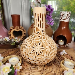 White Clay Vase Decor Mexican flowers pottery Barro calado home mother&#39;s Day gift for her jarrón florero handsculpted limited edition 9in