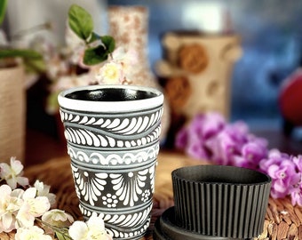 Original Mexican black white Talavera 3 pieces tumbler cup w lid coffee hot chocolate 450ml handmade travel mug talavera termo gifts home