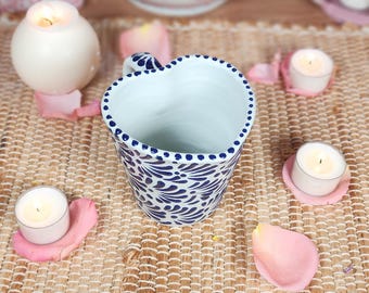 Original Mexican Talavera blue heart coffee mug 300ml kitchen home decor vase taza corazón barro mother's Day gift for her coquette