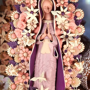 Embroidery Clay Large Virgen Pink Purple Handmade handpainted 15in tall Unique piece Mexican home decor mother's day gift virgen de Guadalu