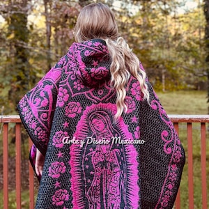 Our Lady of Guadalupe pink thick Poncho with hat Handmade blanket soft Warm gaban virgen de Guadalupe mañanita mother&#39;s Day gift for her