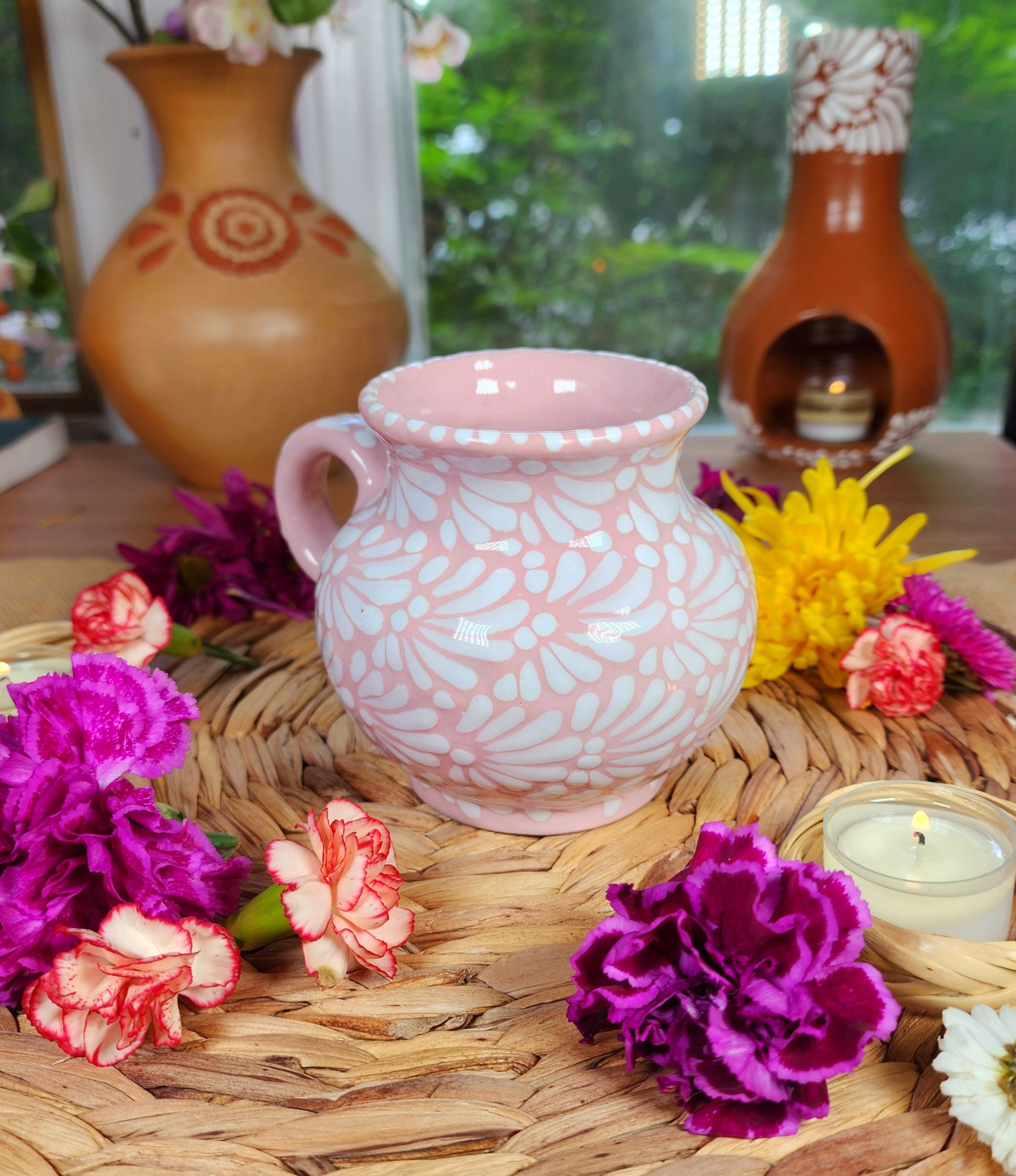 Mexican Talavera Pink Coffee Mug Tradicional Cantarito Jarrito