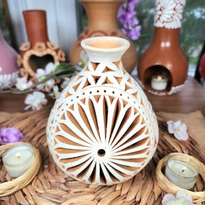 White Clay Vase Decor Mexican flowers pottery Barro calado home mother&#39;s Day gift for her jarrón florero handsculpted limited edition 7in