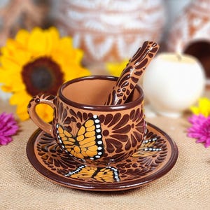 Talavera chocolatera butterfly set 8oz mug spoon and plate Handpainted set taza chocolatera kitchen home decor Valentine's Day gift for her