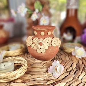 Rustic Hand sculpted vase clay decor Mexican flowers embroidery pottery carved Mexico Barro bordado handmade home gift jarrón florero México