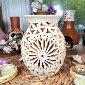 White Clay Vase Decor Mexican flowers pottery Barro calado home mother&#39;s Day gift for her jarrón florero handsculpted limited edition 7in