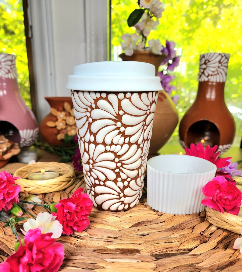 Original Mexican Talavera tumbler travel mug lid coffee chocolate 450ml Handpainted termo barro father's day gift for her him coquette