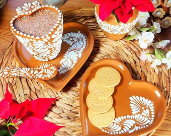 Original Mexican Talavera heart coffee mug spoon and plate set handmade made to order talavera set taza cuchara plato corazón unique pieces
