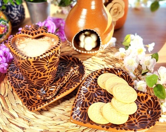 Original Mexican Talavera heart mug brown set 3 pieces handmade talavera set taza corazón autumn fall cute gift regalo coquette coffee set