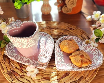 Original Mexican Talavera heart mug Pink crepe or teapot jarrito handmade talavera set taza corazón LIMITED EDITION Father's Day gift