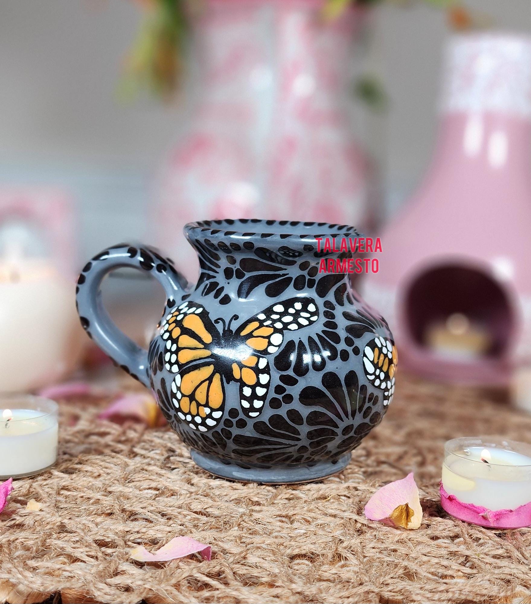 Mexican Talavera Black Butterfly Coffee Mug Tradicional Cantarito