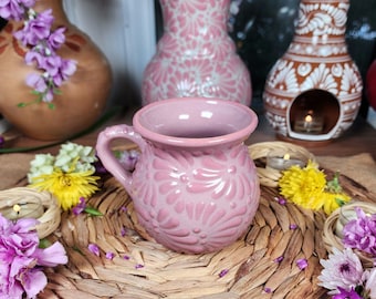 Mexican Talavera pink crepe coffee mug tradicional cantarito jarrito kitchen home decor Fall seson6hot chocolate gift for her coquette gifts