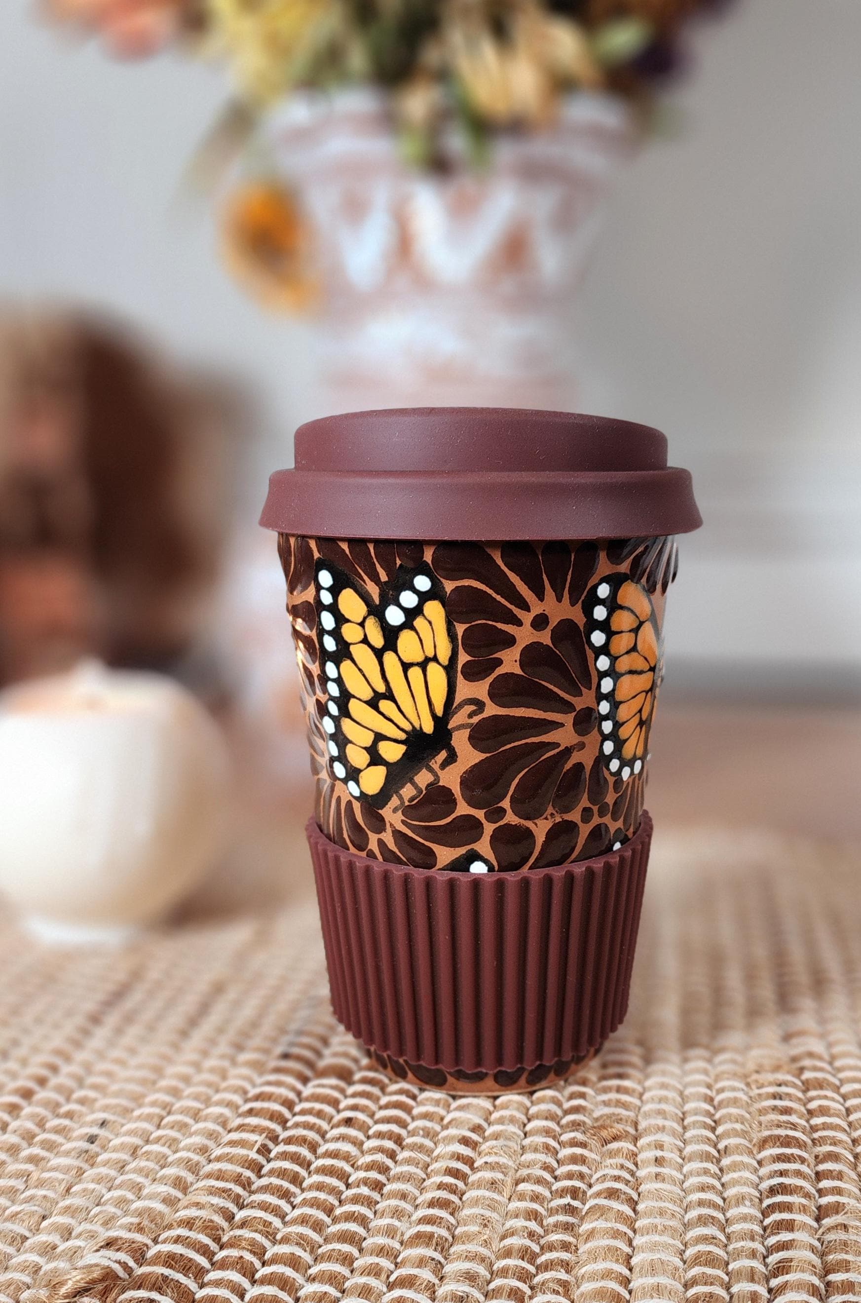 Mexican Talavera butterfly tumbler travel mug lid coffee chocolate 450ml termo birthday gifts for her him coquette limited edition 4th July
