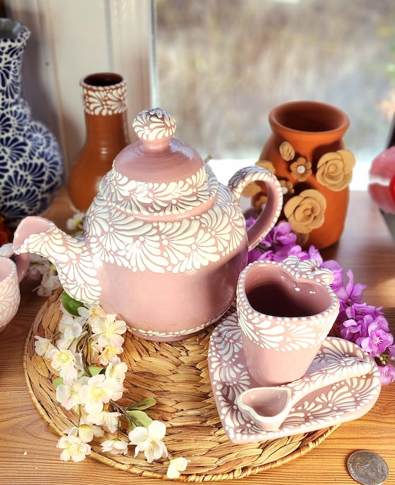 Original Mexican Talavera Heart Mug Pink Crepe or Teapot Jarrito