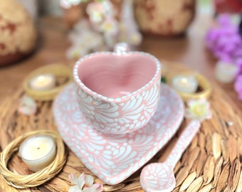Original Mexican Talavera heart mug pink set 3 pieces handmade talavera set taza corazón mother's day gift for her coquette home decor